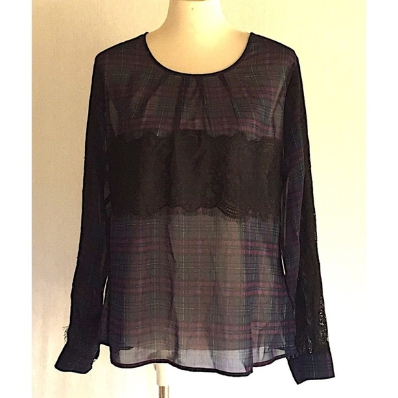 Kardashian Collection sheer chiffon lace plaid blouse - Picture 2 of 8